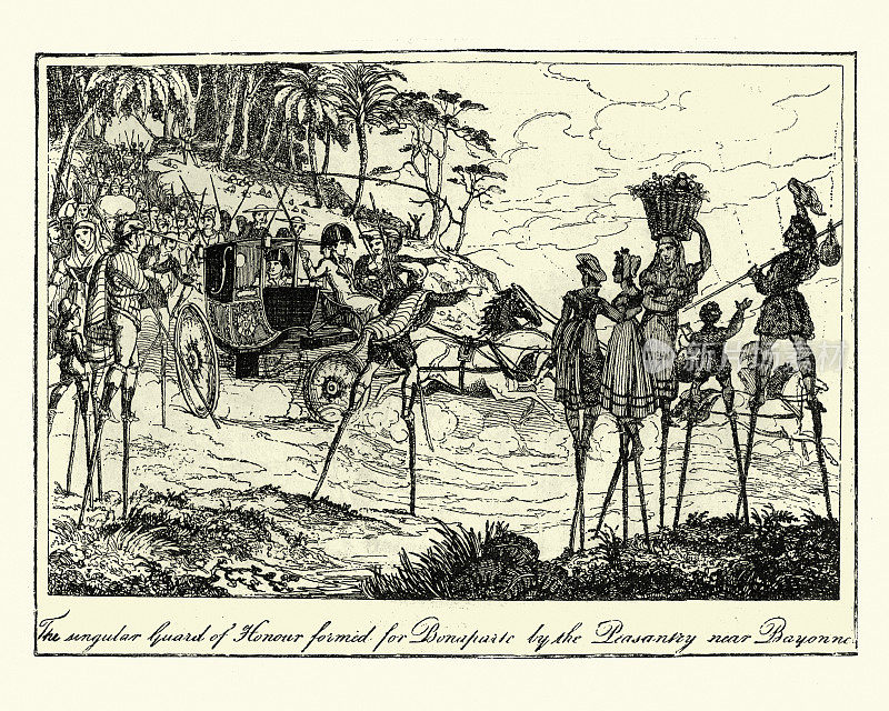 法国贝永的农民踩着高跷向拿破仑・波拿巴致意