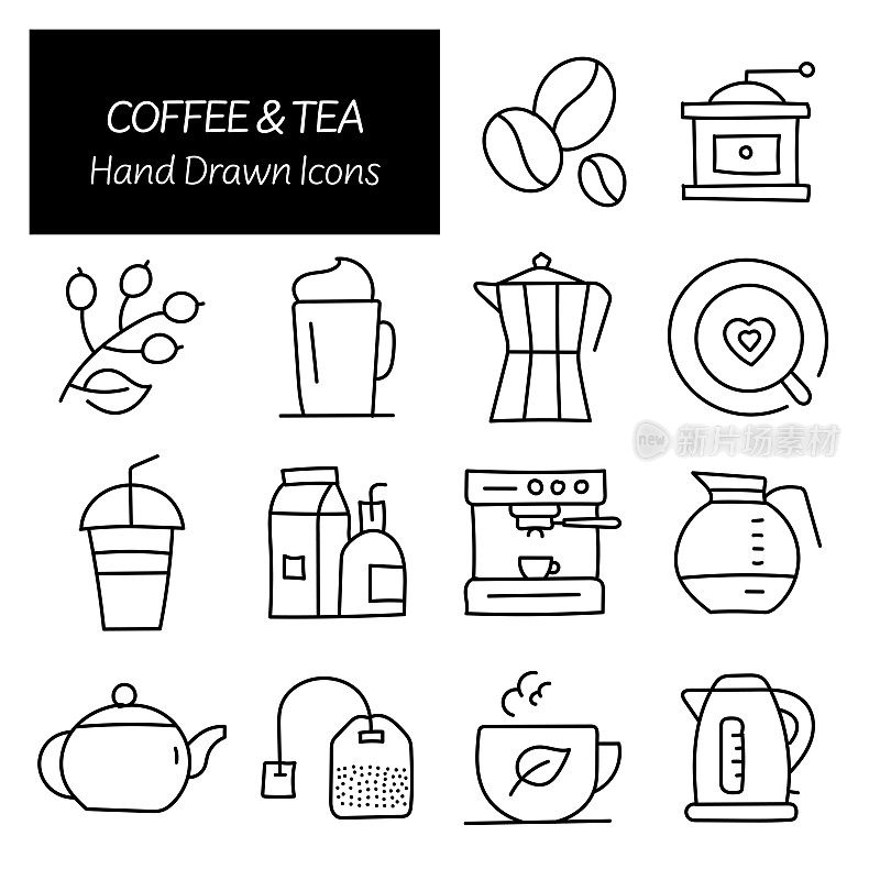 咖啡和茶相关手绘图标，涂鸦元素矢量插图