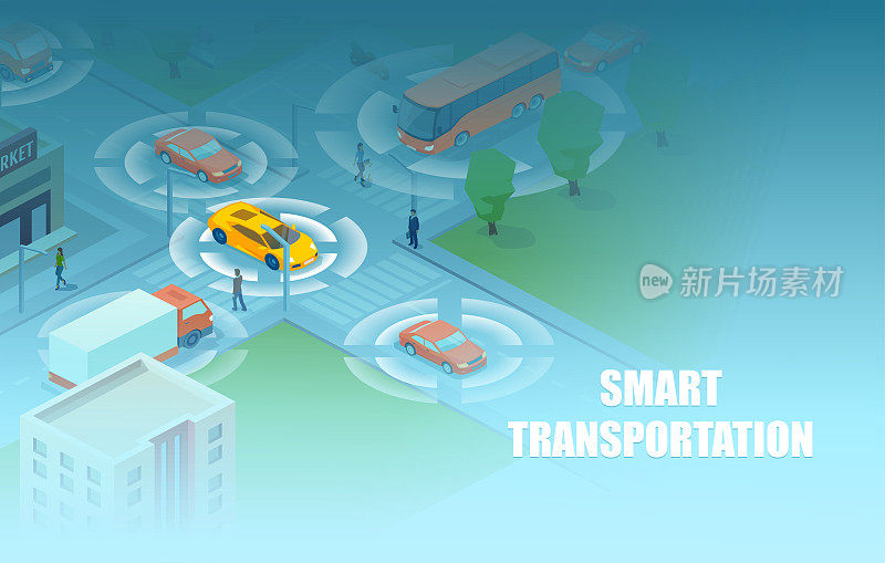 智能城市的矢量，交通和汽车在城市街道上移动，使用传感器和自动驾驶仪