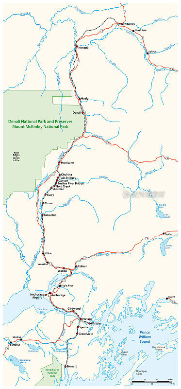 铁路地图费尔班克斯到苏厄德，阿拉斯加，美国