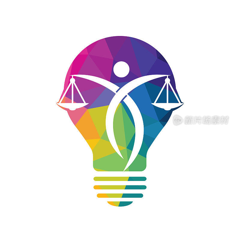 灯泡和人类的正义尺度。教育、法律服务标志。公证员、司法、律师图标或矢量符号