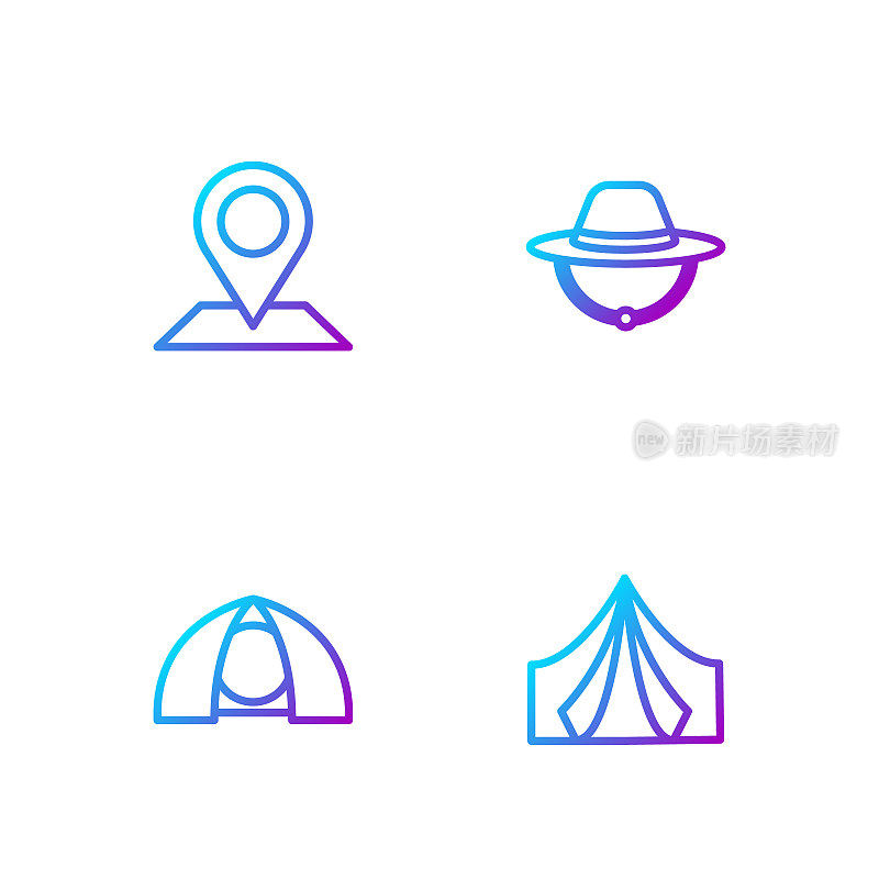 集旅游帐篷、露营帽、定位于一体。渐变颜色图标。向量
