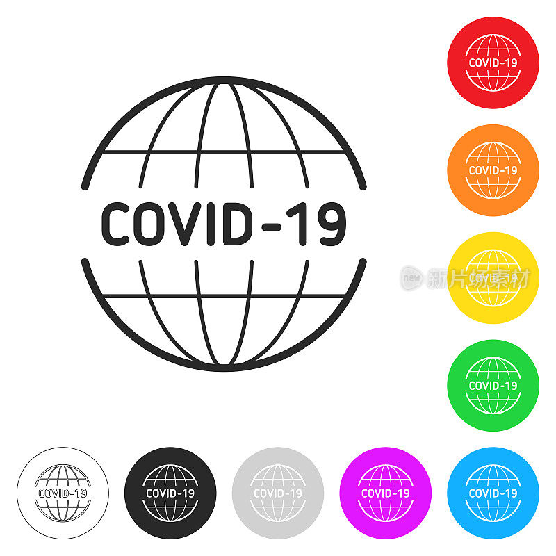 全球Covid-19大流行。按钮上不同颜色的平面图标