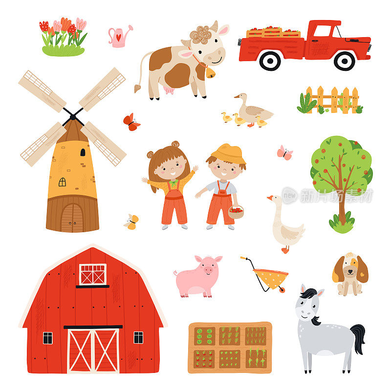 农场元素集。以扁平的风格收集农场动物。农民儿童正在收割庄稼。插图与宠物，孩子，磨坊，皮卡，谷仓，皮卡孤立的白色背景。向量