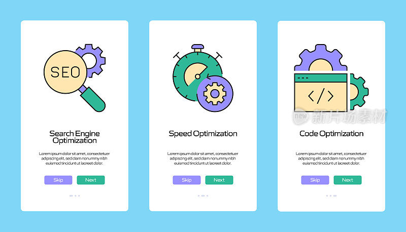 搜索引擎优化概念在移动应用页面屏幕上的扁平图标。用户体验，UI设计模板矢量插图