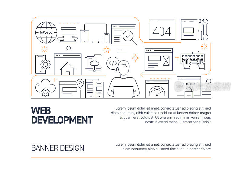 网站开发相关矢量横幅设计概念，现代线条风格与图标