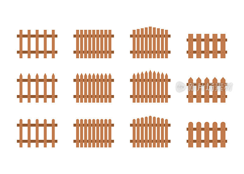 棕色木栅栏，木饰边，图形边界。花园或房子的木栅栏。农场用栅栏围起来，花园用栅栏围起来。矢量图