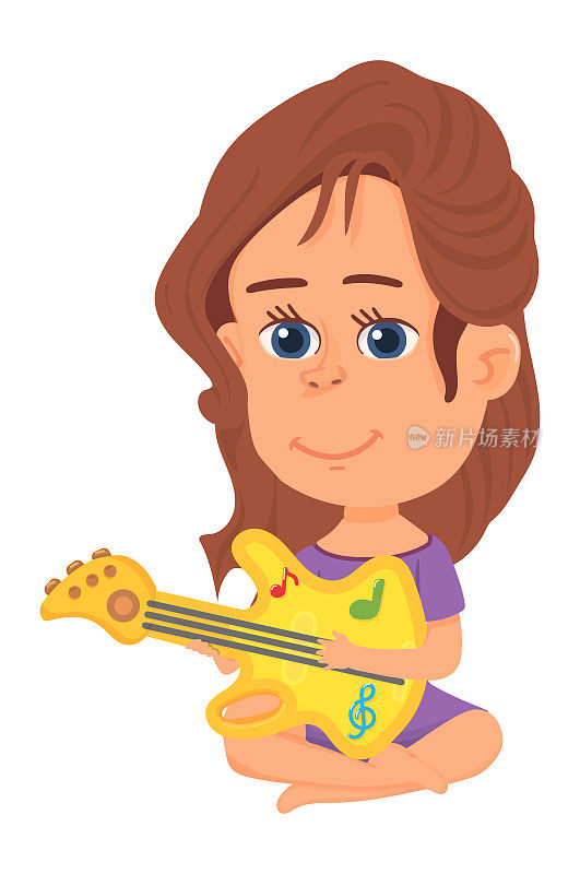 女孩在玩儿童吉他。卡通小音乐家