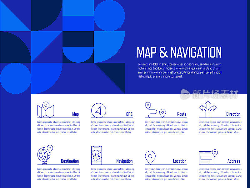 地图和导航概念矢量线信息图形设计图标。8选项或步骤的介绍，横幅，工作流程布局，流程图等。