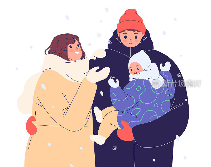 年轻的家庭在冬天的户外，男人抱着孩子，拥抱着他的妻子