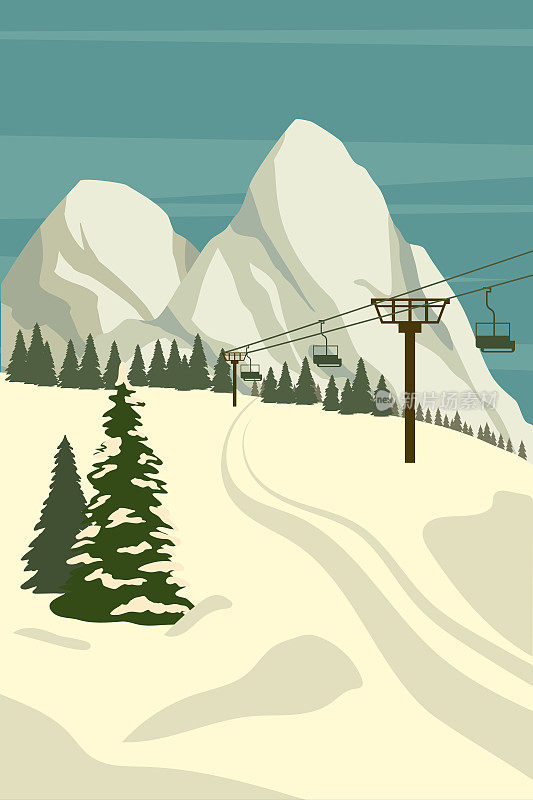 阿尔卑斯山脉冬季度假胜地与科学升降机。雪景峰、雪坡。旅行的复古海报