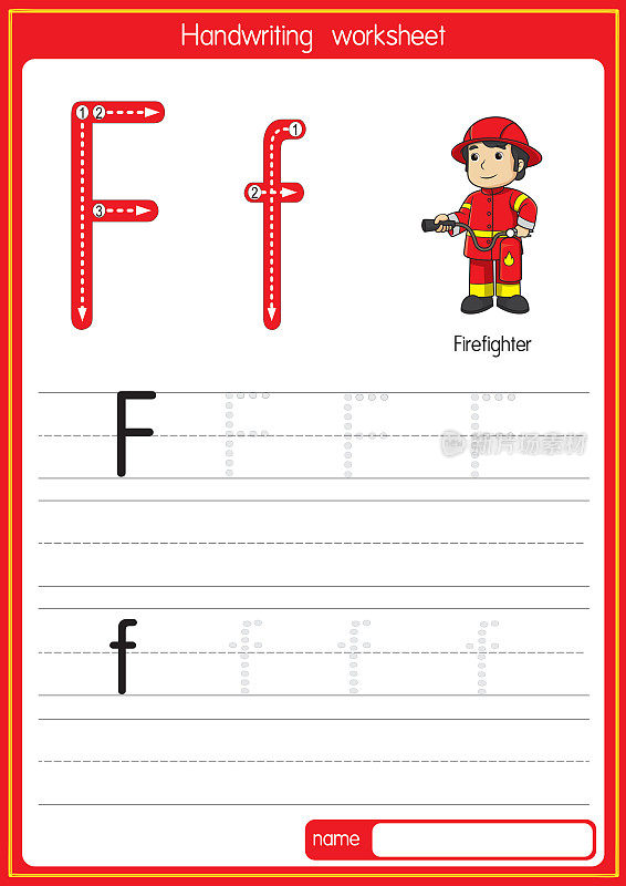 矢量插图的消防员与字母F大写字母或大写字母为儿童学习实践ABC