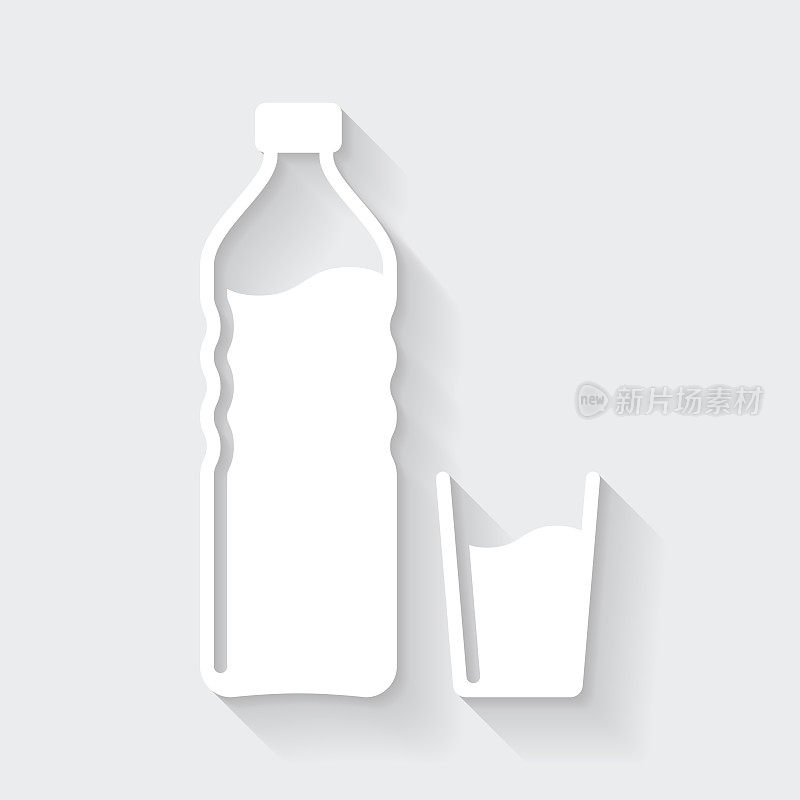 一瓶和一杯水。图标与空白背景上的长阴影-平面设计