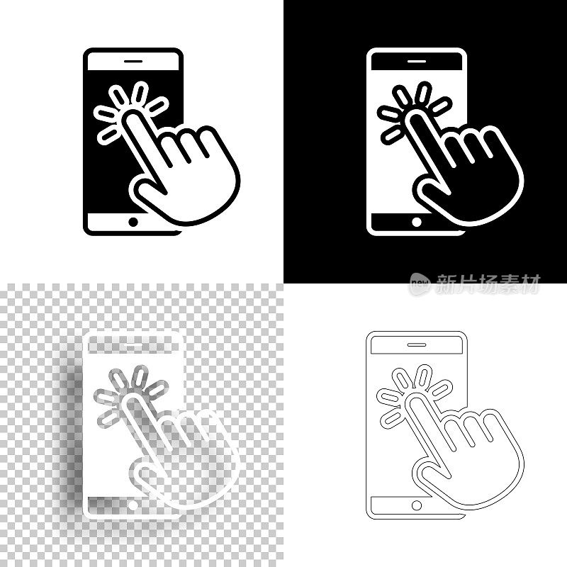 用手触摸智能手机。图标设计。空白，白色和黑色背景-线图标