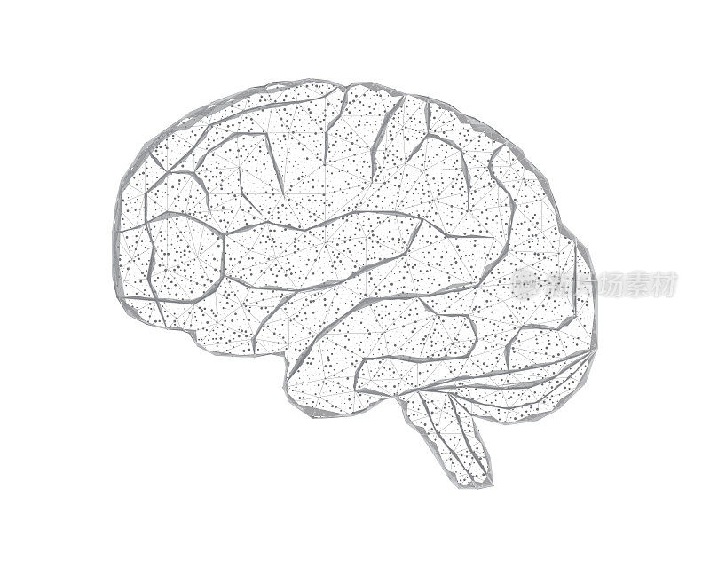 人类的大脑。线框低多边形风格。医学概念，脑癌，神经网络。摘要现代三维矢量插图深蓝色背景