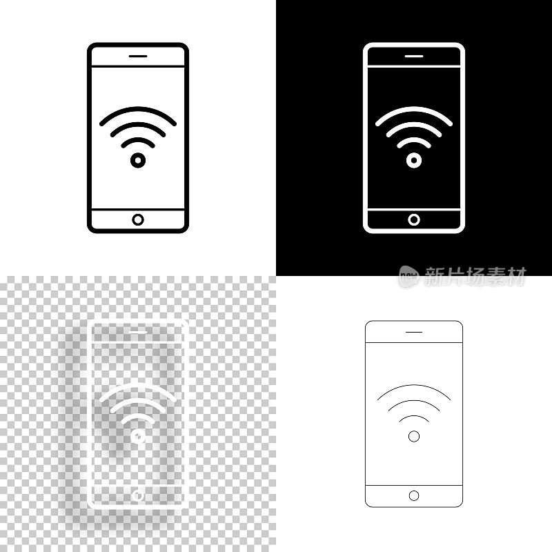智能手机与无线网络。图标设计。空白，白色和黑色背景-线图标