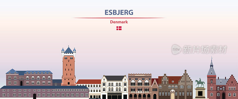 Esbjerg日落天空背景矢量插图与国家和城市的名字和丹麦的国旗