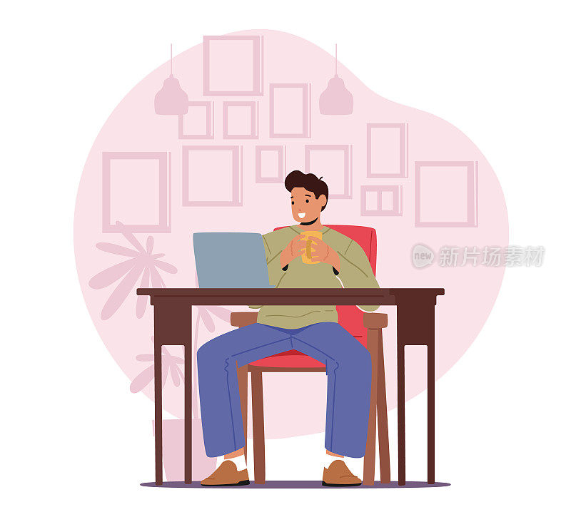 自由职业的概念。轻松的人自由职业者角色坐在扶手椅上，在家用笔记本电脑远距离工作