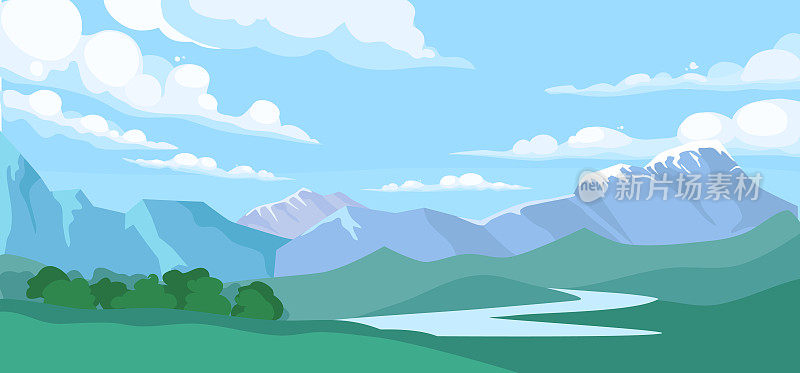 山林水景。矢量卡通插图夏季针叶林，小溪，岩石和太阳在蓝天白云