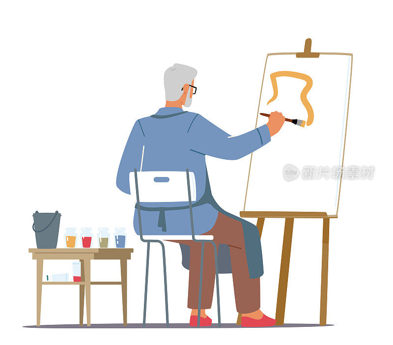 老男性画家角色手持画笔在艺术工作室的画架上用颜料绘画后视图，高级艺术家