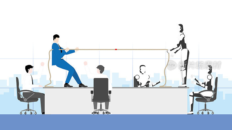 商业竞争与网络技术对抗的概念。一名商人和机器人在办公室进行拔河比赛。人类与机器人团队的冲突在工作日进行。