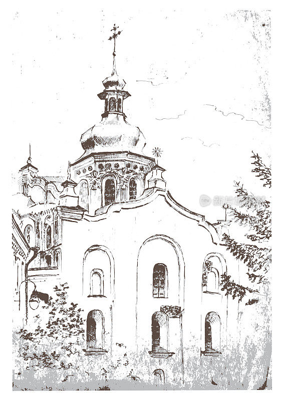 矢量追踪了用墨水和钢笔绘制的复古景观。基辅佩切尔斯克拉夫拉教堂入口上方的乌克兰巴洛克风格的教堂