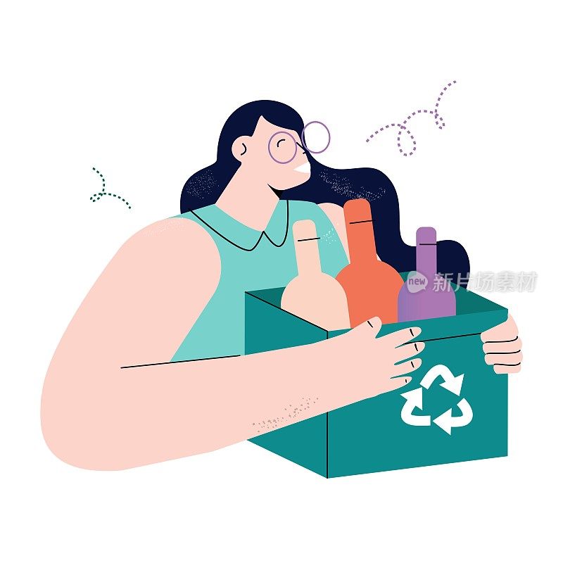 回收垃圾平面矢量插图。一位正在分类塑料垃圾的妇女。塑料污染问题概念