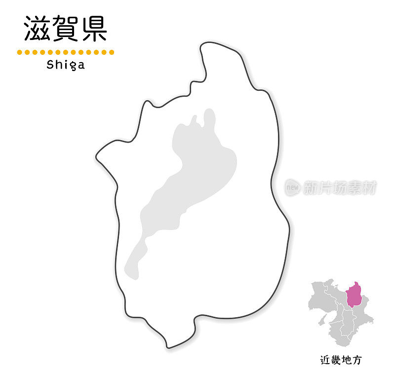 简单的滋贺县白色地图，简化的线条图，地方名称和位置