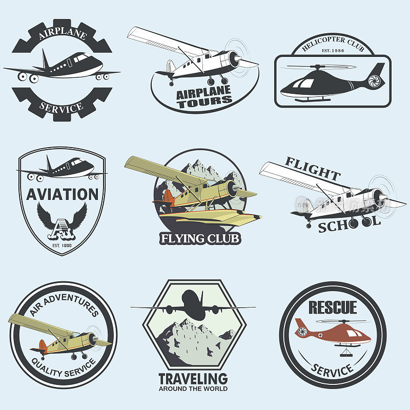 一套复古复古的航空飞行徽章