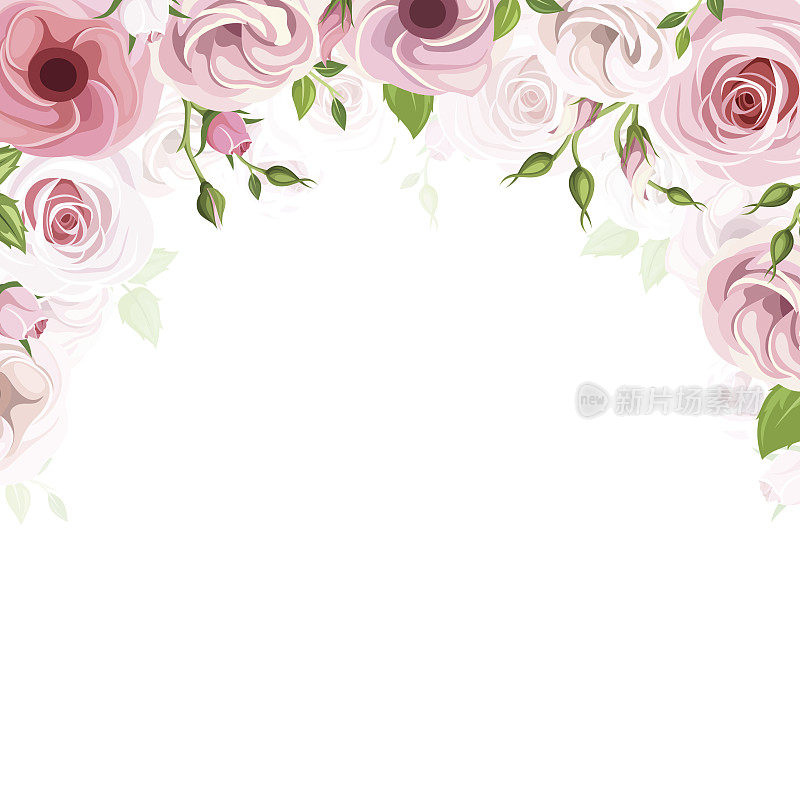 背景有粉红色的玫瑰和洋桔梗花。矢量插图。