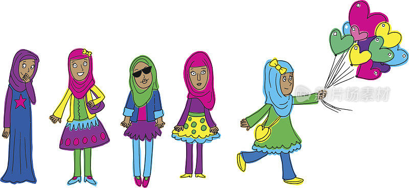 年轻有趣的穿着彩色头巾的穆斯林女孩
