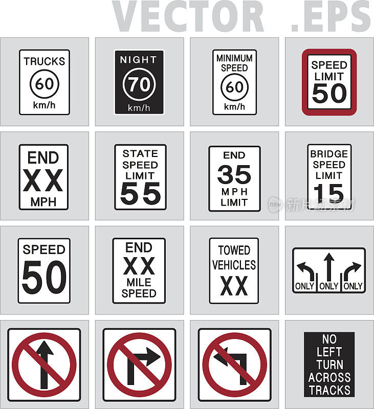 限速、车道使用和转弯标志路。