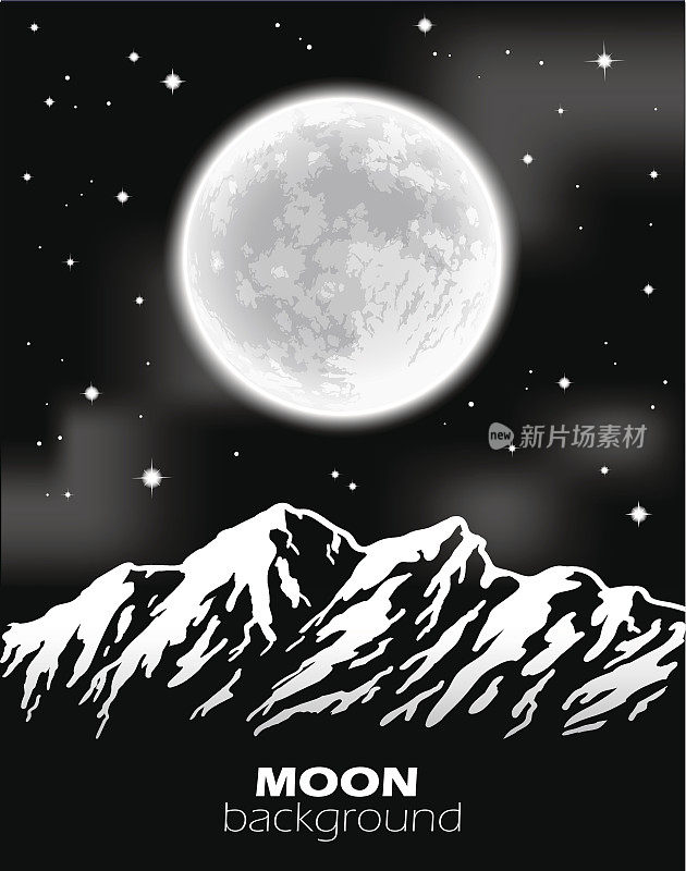 山上的满月。晚上的风景。矢量插图。
