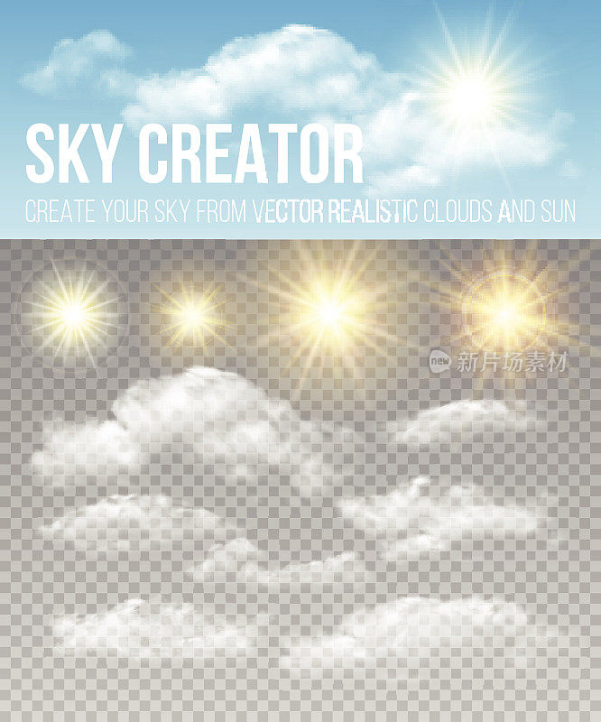 天空的创造者。设置真实的云彩和太阳。矢量图
