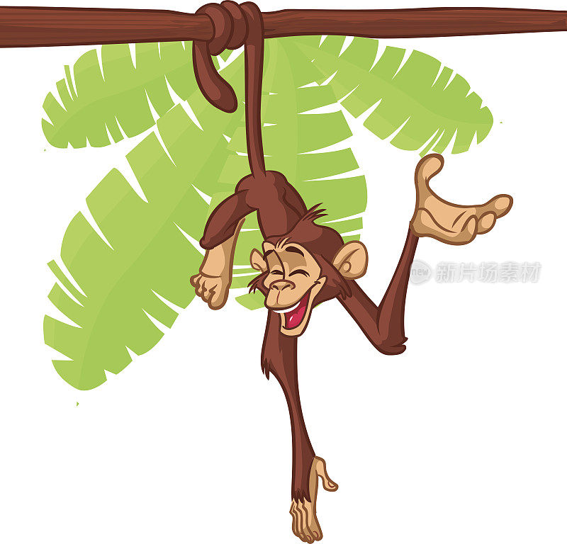 卡通猴子挂在树枝上。矢量图