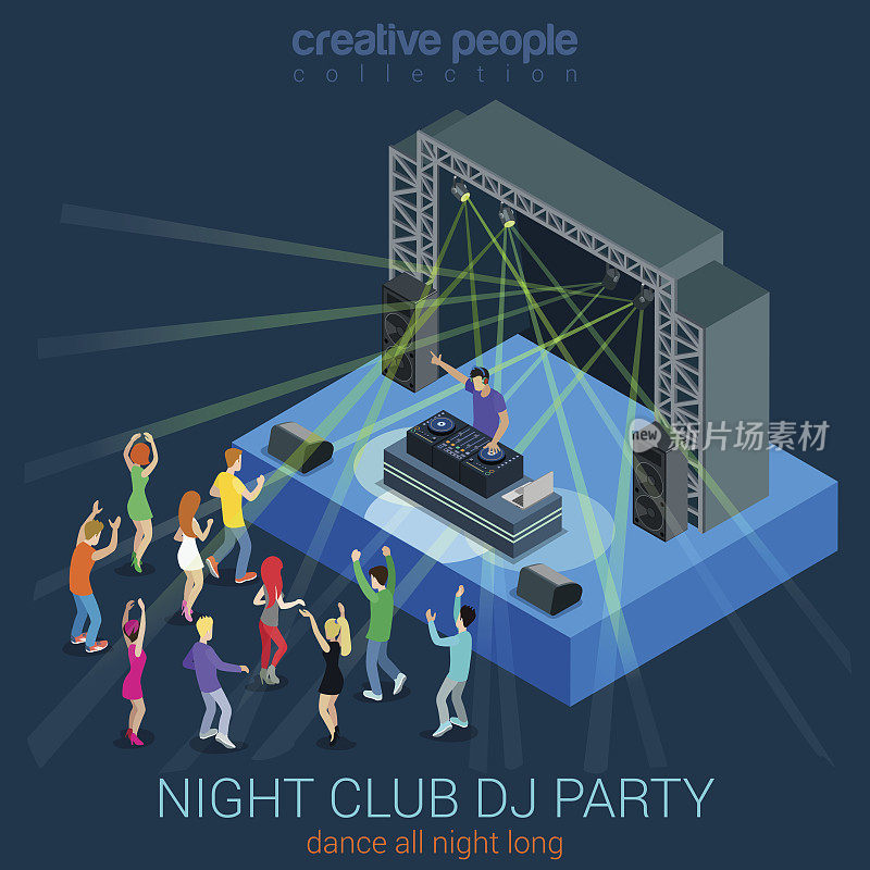 夜总会舞蹈DJ派对平面三维网络等角信息图概念矢量模板。表演电子音乐概念Dee-Jay集。青年男子群女孩跳舞的场景。有创造力的人集合。