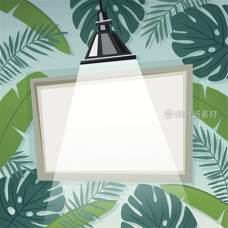 矢量背景与空框架或挂图照明灯和热带棕榈叶。夏天的概念。显示文本的空白区域