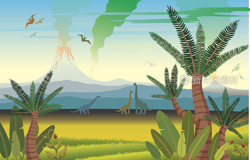 有恐龙、火山和植物的史前景观。