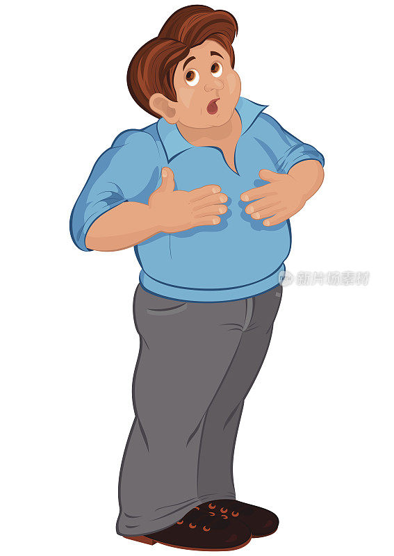 穿着蓝色polo衫的卡通男人摸着肚子