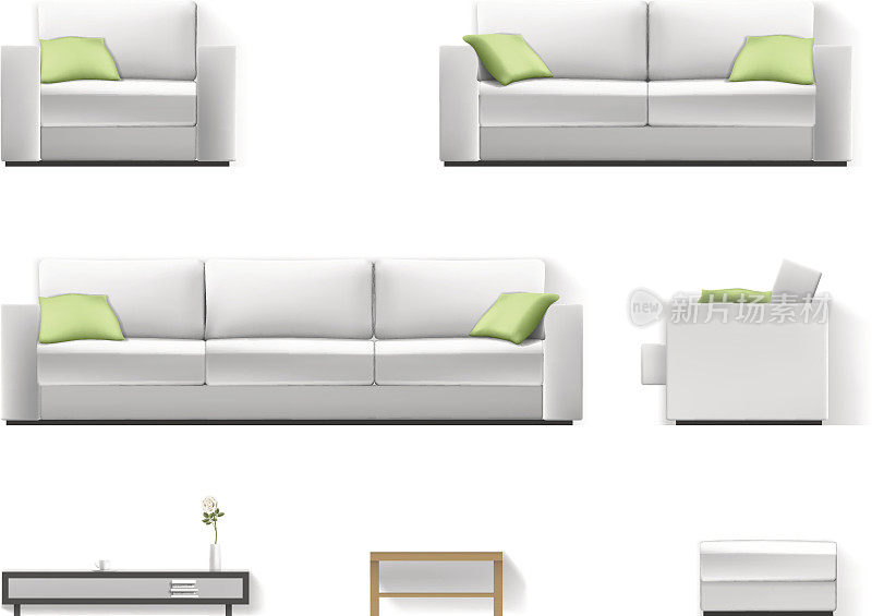 白色沙发和绿色枕头