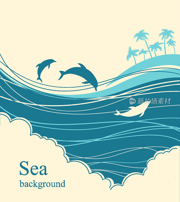 蓝色海浪中的海豚。海景插图地平线