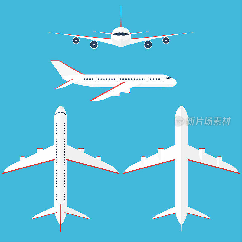 飞机在天空中降落。商业飞机在侧面，顶部，正面和底部视图