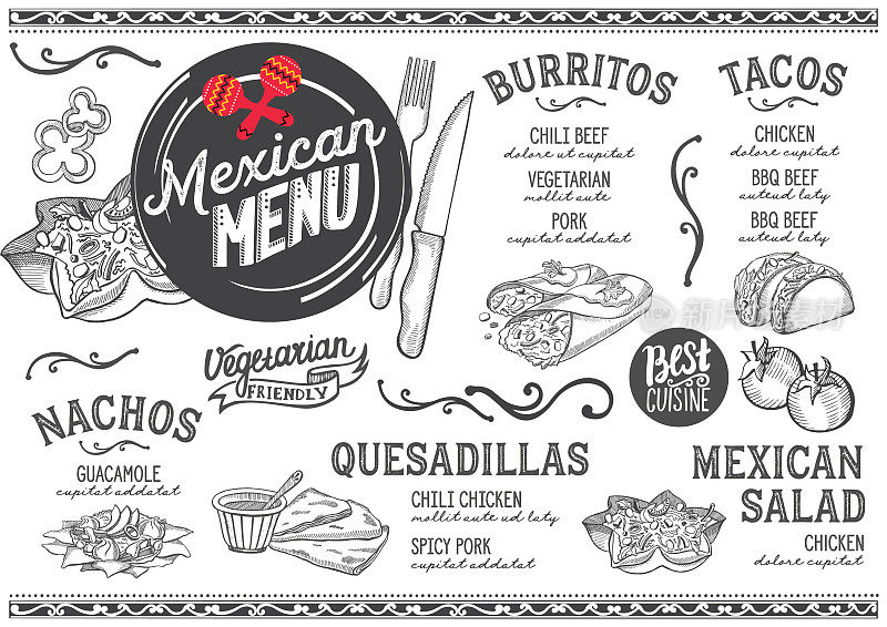 墨西哥菜单餐厅，食物模板。