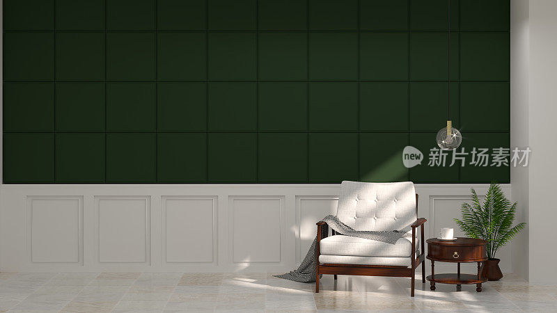 白色扶手椅和阳光在绿色墙壁前，复古空房间白色灯和餐具柜3d渲染豪华客厅现代世纪中期房间内部