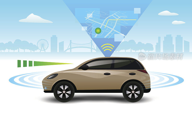 自动驾驶无人驾驶汽车。汽车侧视图与雷达矢量图。