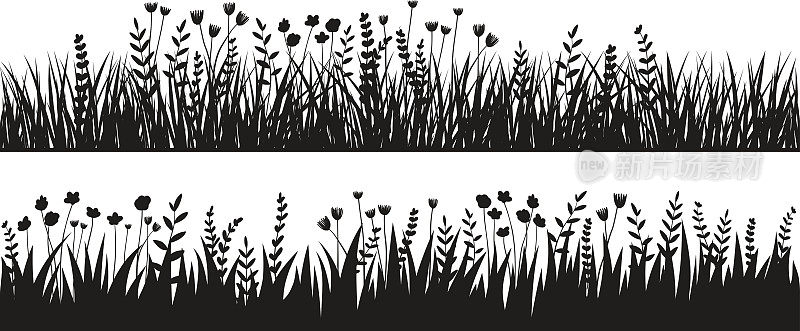 春天黑草剪影无缝背景。矢量刷生态，自然设计