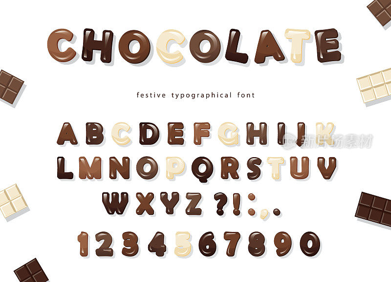 光滑的ABC字母和数字，由不同种类的巧克力制成——黑巧克力、牛奶巧克力和白巧克力。甜蜜的字体设计。