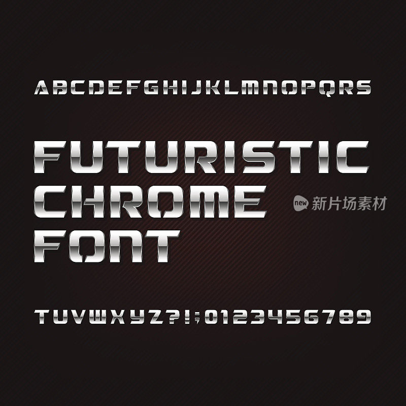 未来主义的chrome字母字体。金属效果字母和numbersю。