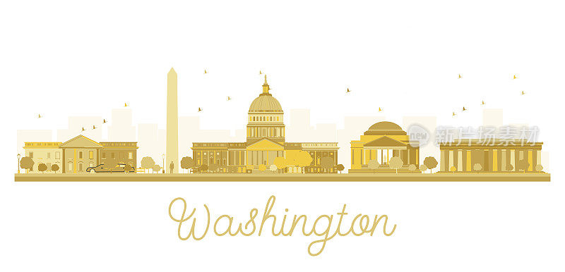 华盛顿特区城市天际线金色轮廓。