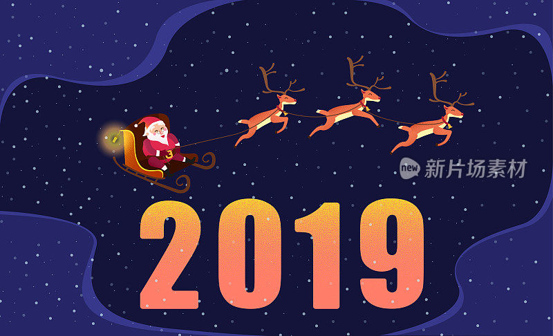 2019年圣诞老人和鹿的新年贺卡。